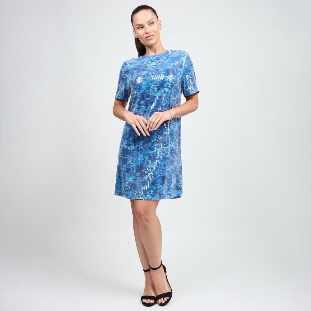 DG2 by Diane Gilman Women’s Size XL Sequin Knit Short-Sleeve T-shirt Dress Blue